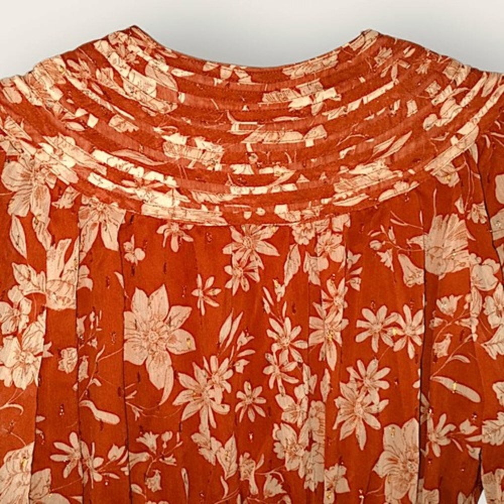 Lulus Small Burnt Orange Floral Mini Dress Long Sleeve Deep V Boho Flowery Beads - Picture 7 of 16